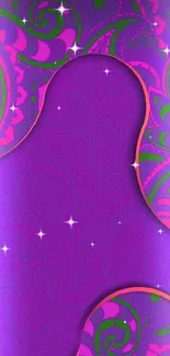 Vibrant purple and green paisley phone wallpaper.