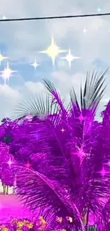 Vibrant purple palm tree with glowing stars.