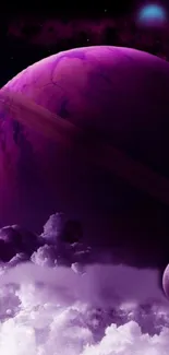 Vibrant purple planet with clouds and stars in space.