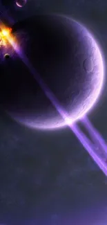 Purple planet with rings and explosion in space wallpaper.