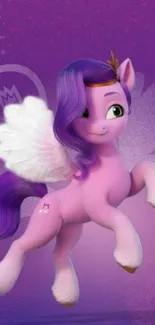 Cartoon pony with purple mane and white wings on a vibrant purple background.