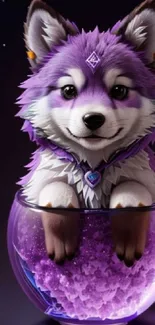 Adorable purple puppy in a glass bowl, vibrant mobile wallpaper.