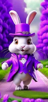 Vibrant purple rabbit in a whimsical fantasy setting.