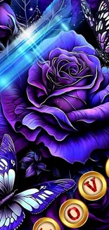 Purple rose with butterflies and glowing love theme.