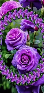 Purple roses arranged in a decorative circle pattern with dewdrops.
