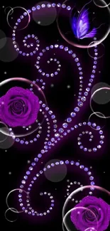 Elegant purple roses and swirling patterns on a black background wallpaper.