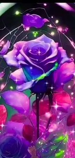 Enchanting purple rose with glowing fairy lights in a fantasy setting.