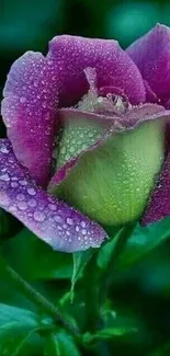 Vibrant purple rose with dewdrops on petals against lush green background.