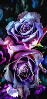 Purple roses with vibrant petals and dark background.