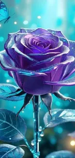 Purple rose with butterflies in a magical setting.