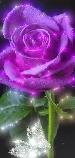 Purple rose with glowing lights and a butterfly in a magical setting.