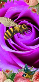 Purple rose with a bee surrounded by colorful floral design.