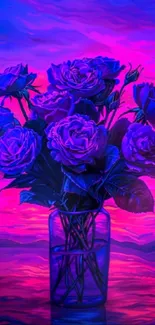 Bouquet of vibrant purple roses in a glass vase with a pink and blue background.