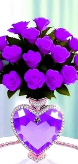 Purple roses in a heart-shaped vase wallpaper, elegant floral design.