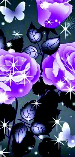 Purple roses with stars and butterflies wallpaper.