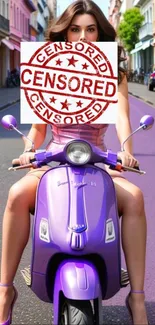 Woman on purple scooter in vibrant city street wallpaper.