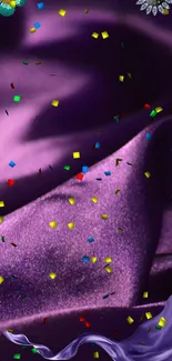 Purple silk with colorful confetti design.