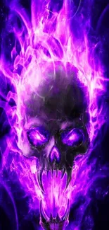 Vibrant purple skull with fiery flames wallpaper.