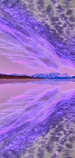 Vibrant purple sky reflecting on water with mountains and clouds.