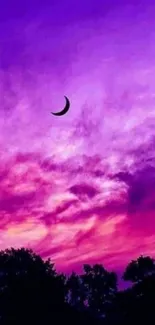 Purple sky with crescent moon and trees in silhouette.