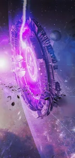 Purple space portal with cosmic background.