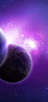 Purple space wallpaper with planets and stars.