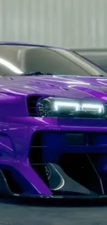 Purple sports car with sleek design and radiant headlights in a modern setting.