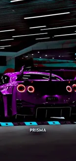 Vibrant purple sports car in neon-lit garage