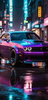 Purple sports car on wet city streets with bright neon lights.