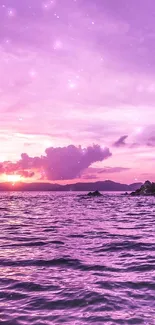 Vibrant purple sunset over ocean waves with magenta sky.