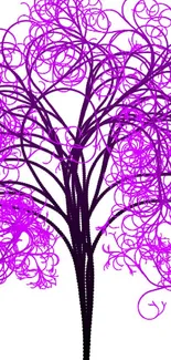 Abstract purple tree design with swirling branches on a white background.