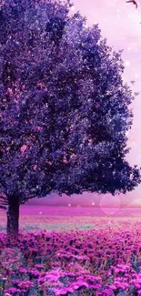 Purple tree in a dreamy landscape, ideal for phone wallpaper.