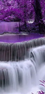 Purple waterfall with lush forest scene in mobile wallpaper.