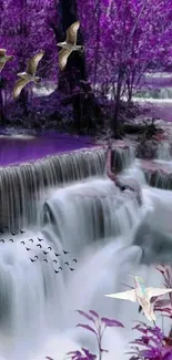 Vibrant purple waterfall with birds flying over lush landscape.