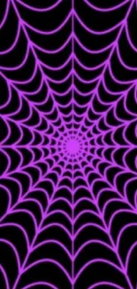 Vibrant purple spiderweb on a black background for mobile wallpaper.