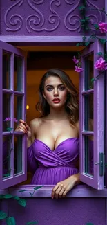 Woman framed in purple window with floral accents.