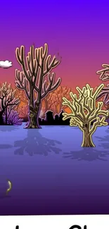 Colorful winter scene with purple sky and bare trees.