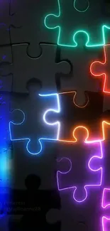 Mobile wallpaper with neon colored puzzle pieces on a black background.