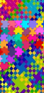 Colorful puzzle piece wallpaper with a vibrant, pixelated design.