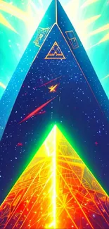 Vibrant abstract pyramid with glowing colors and futuristic design.