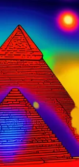 Vibrant, colorful pyramid design with psychedelic background.