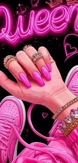 Stylish pink neon 'Queen' themed wallpaper with jewelry and sneakers.