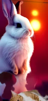 Dynamic vibrant wallpaper with rabbit and cat in red gradient.