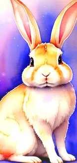 Vibrant watercolor rabbit art with purple and peach hues.