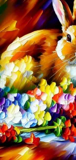 Vibrant rabbit art with colorful flowers and bold brushstrokes.