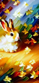 Vibrant impressionist painting of a rabbit with colorful flowers.