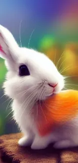 A vibrant rabbit sits on a rock with a blurred, colorful background.