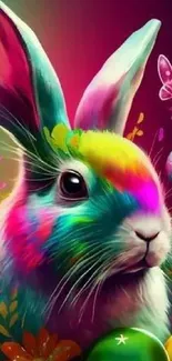 Vibrant rabbit in colorful fantasy art wallpaper.