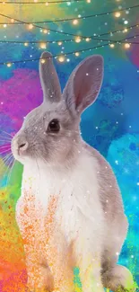 Vibrant rabbit amidst colorful lights and abstract background.