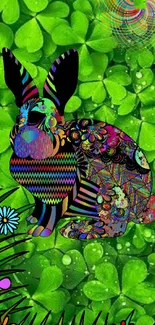 Psychedelic rabbit on green clovers wallpaper.